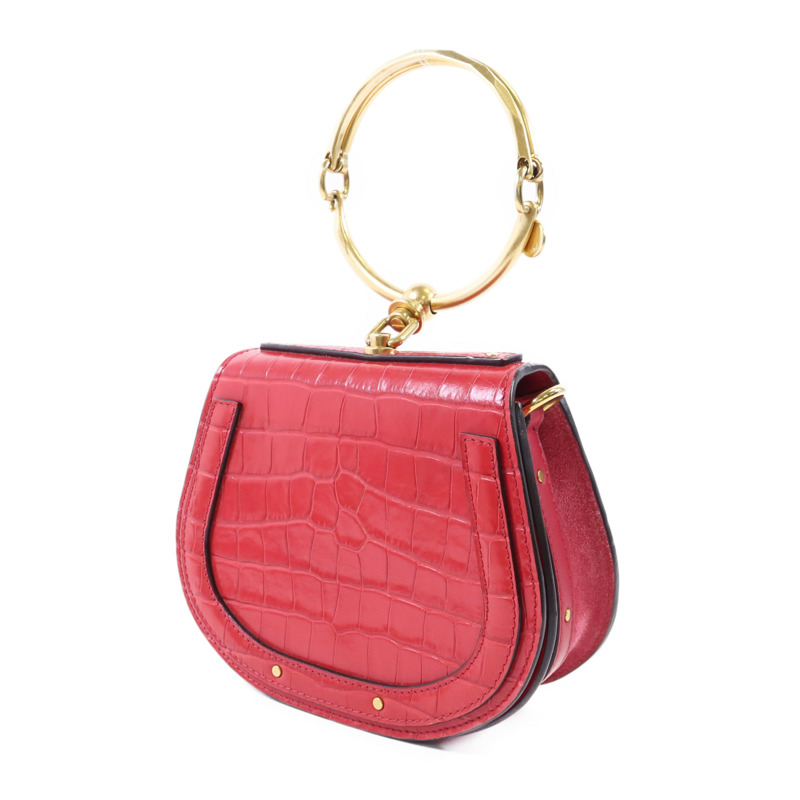 Chloe 牛皮皮革Small Cherry Pink Fuchsia Croc Embossed金扣手挽肩背兩用袋-2