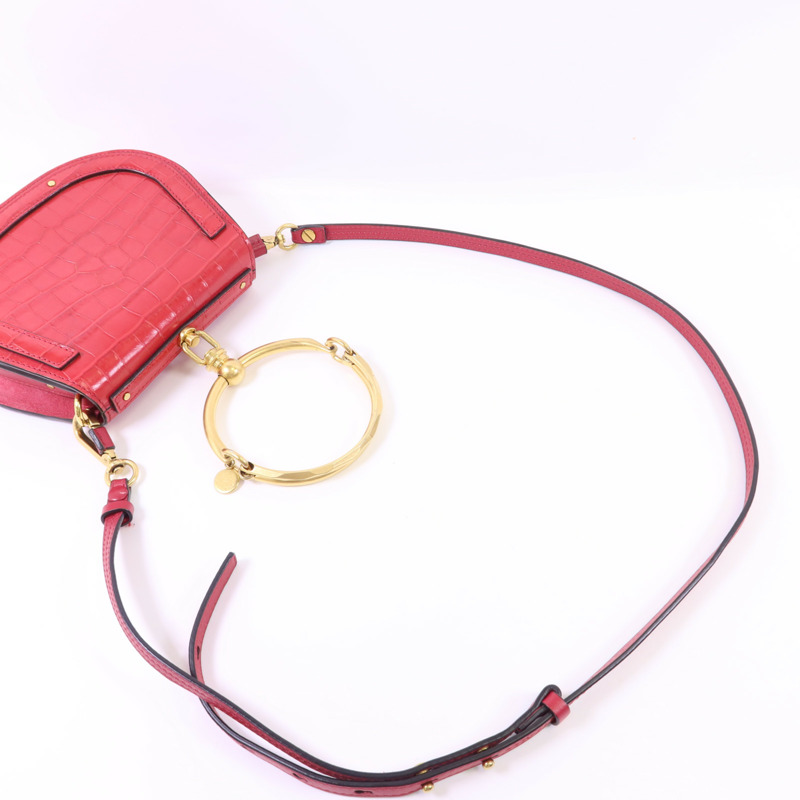 Chloe 牛皮皮革Small Cherry Pink Fuchsia Croc Embossed金扣手挽肩背兩用袋-4