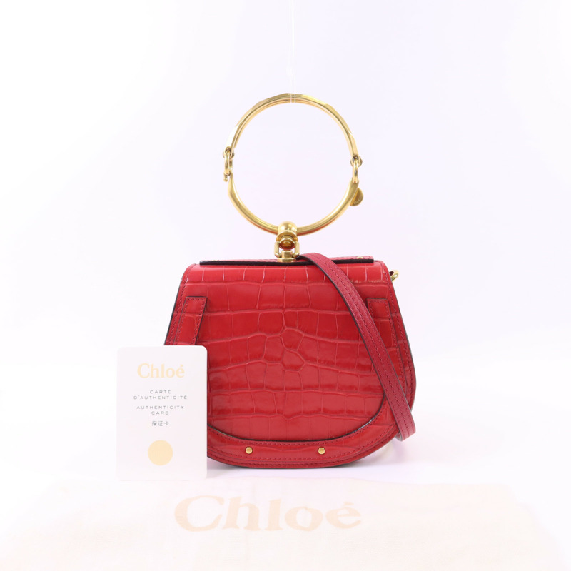 Chloe 牛皮皮革Small Cherry Pink Fuchsia Croc Embossed金扣手挽肩背兩用袋-14