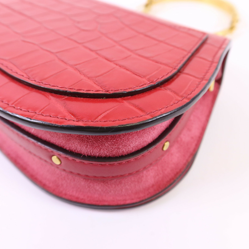 Chloe 牛皮皮革Small Cherry Pink Fuchsia Croc Embossed金扣手挽肩背兩用袋-15