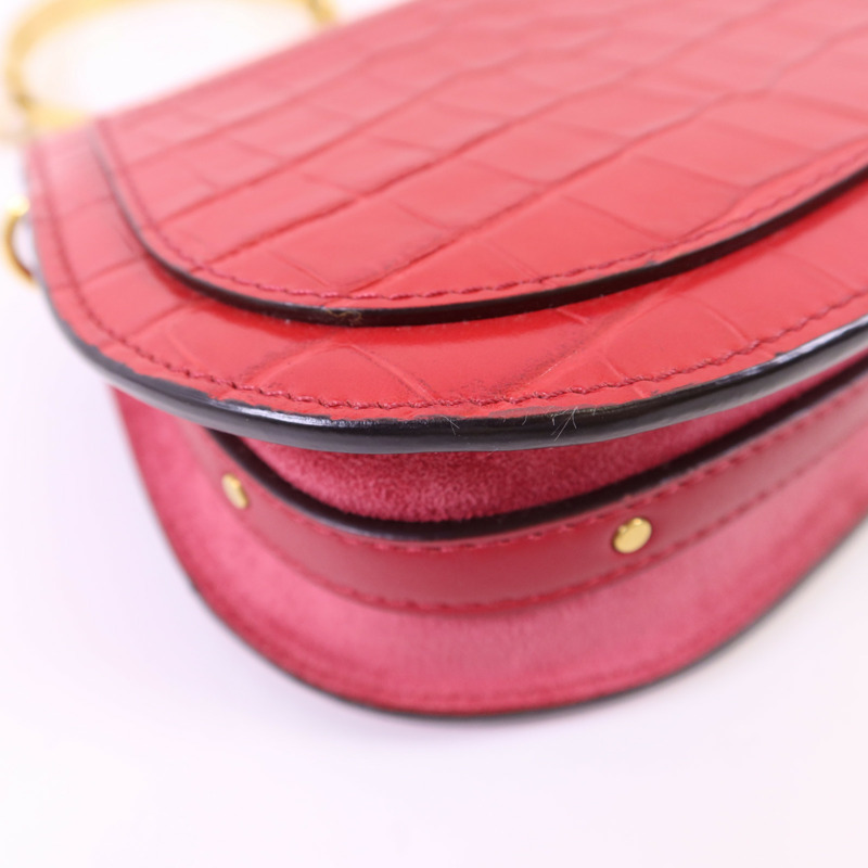 Chloe 牛皮皮革Small Cherry Pink Fuchsia Croc Embossed金扣手挽肩背兩用袋-16