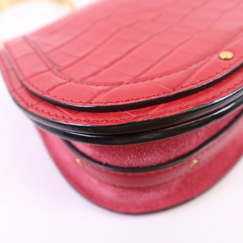 Chloe 牛皮皮革Small Cherry Pink Fuchsia Croc Embossed金扣手挽肩背兩用袋-18