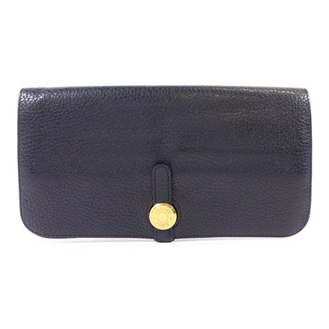 HERMES Clemence皮革Dogon Wallet金扣長錢包Noir