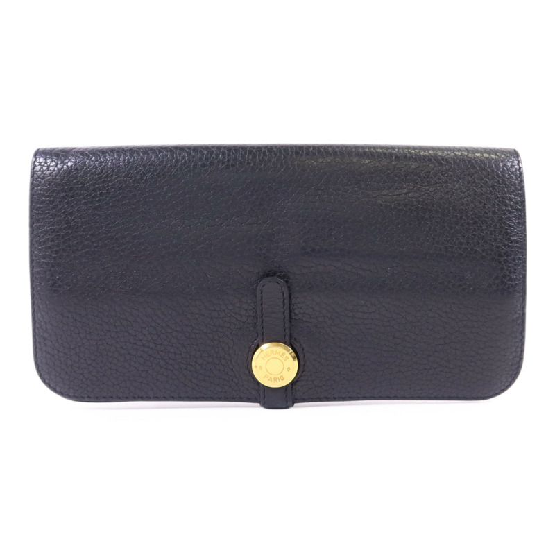 HERMES Clemence皮革Dogon Wallet金扣長錢包Noir-0