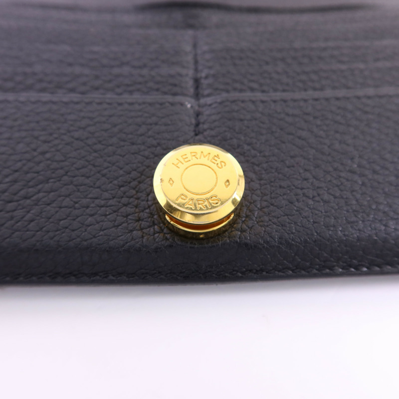 HERMES Clemence皮革Dogon Wallet金扣長錢包Noir-8