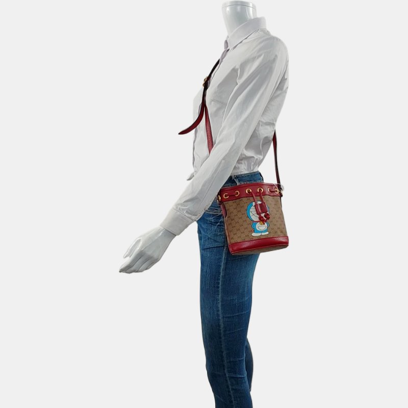 GUCCI Doraemon X Gucci迷你多色塗層帆布老花印花單肩包 金色五金-1