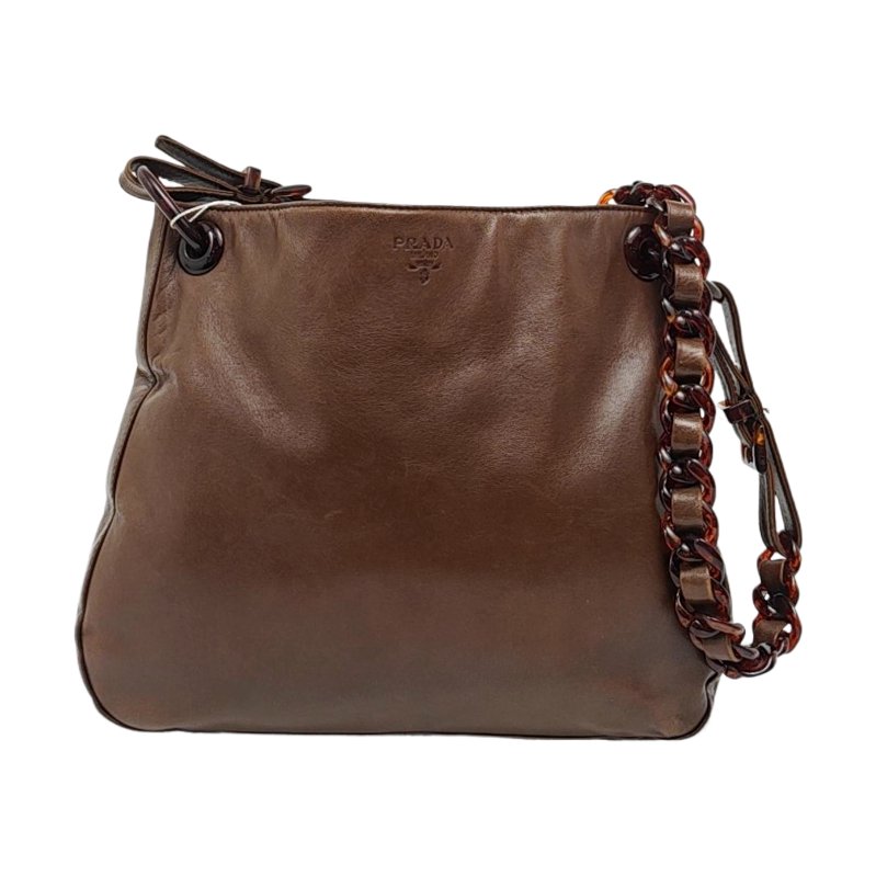 PRADA 托特包棕色牛皮單肩包 棕色五金-0