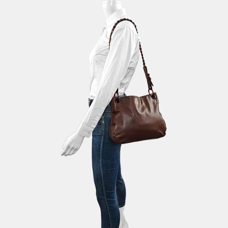 PRADA 托特包棕色牛皮單肩包 棕色五金-1