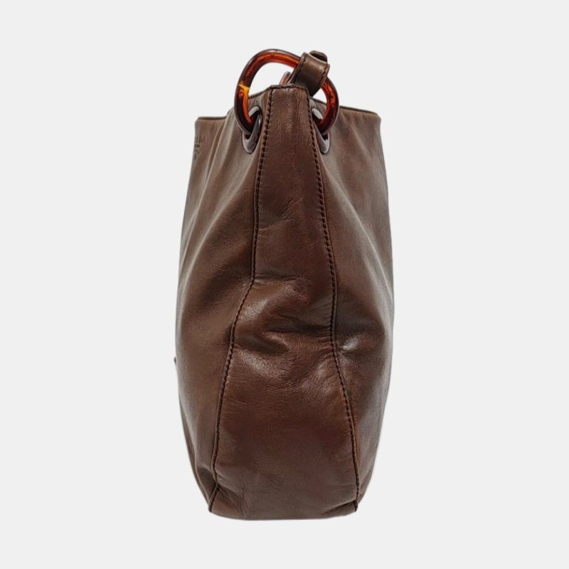 PRADA 托特包棕色牛皮單肩包 棕色五金-2