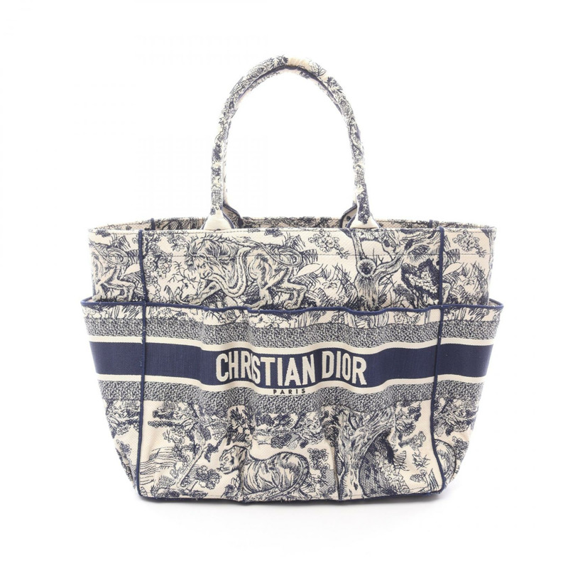 Dior BOOK TOTE 刺繡園丁手提包 帆布 海軍藍 米色 二手 女士 logo-0