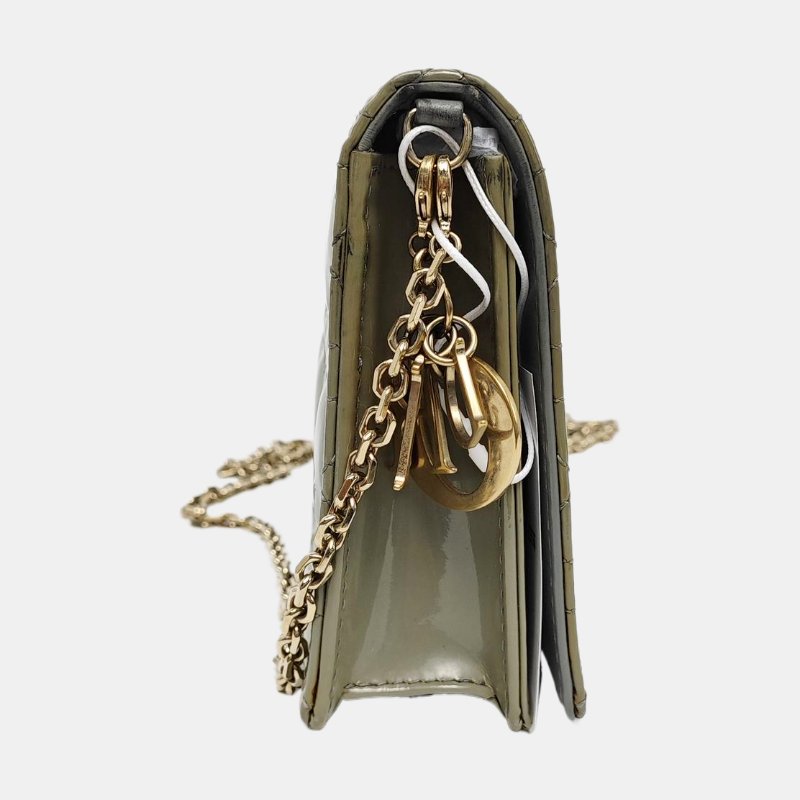 DIOR Lady Dior綠色漆皮藤格紋絎縫單肩包斜挎包手拿包 金色五金 子袋 可拆卸肩帶-3