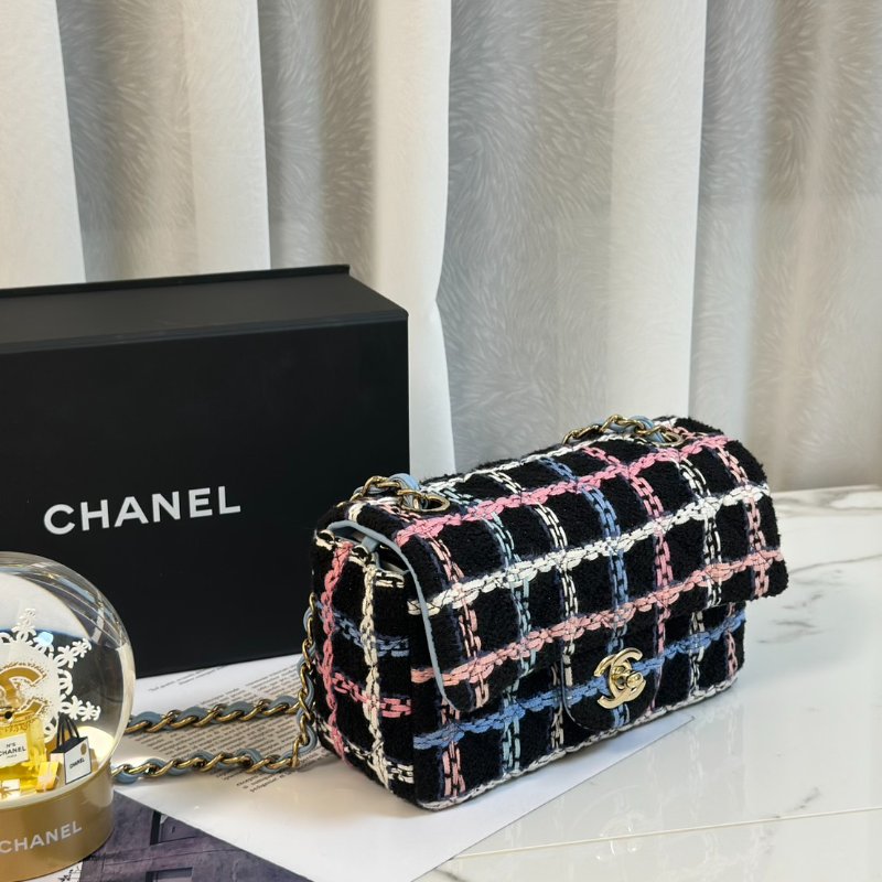 CHANEL 經典口蓋包Mini CF20 -  編織毛呢黑金-4