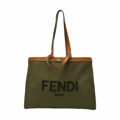 FENDI Peekaboo深綠色帆布提花單肩包 金色五金