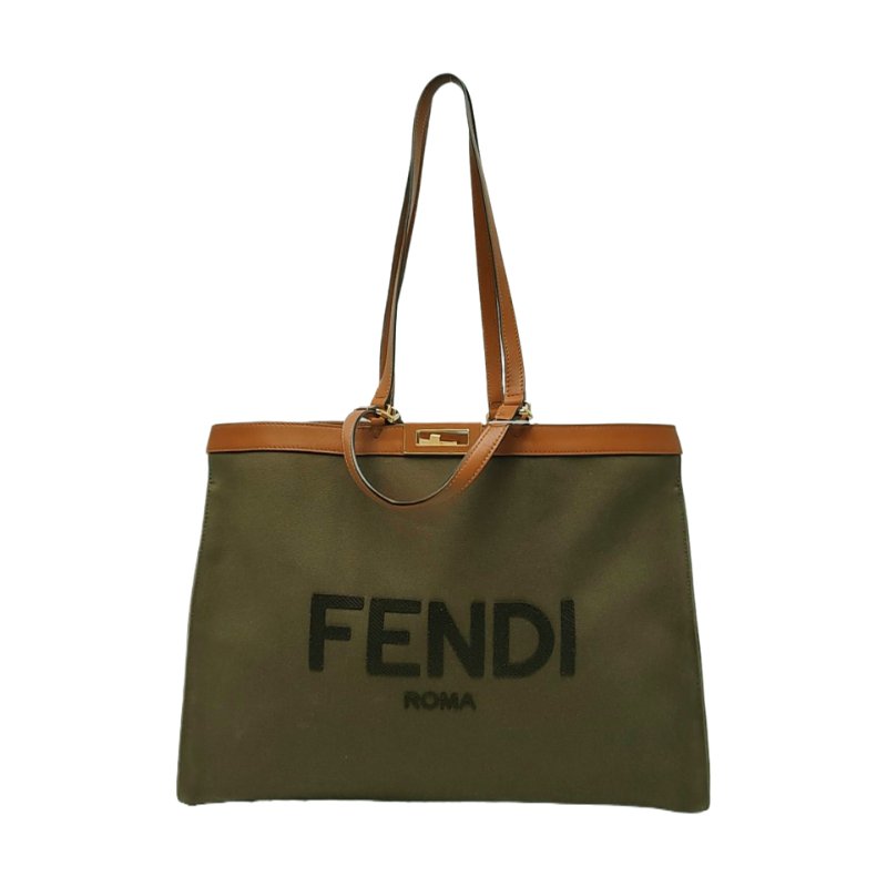 FENDI Peekaboo深綠色帆布提花單肩包 金色五金-0