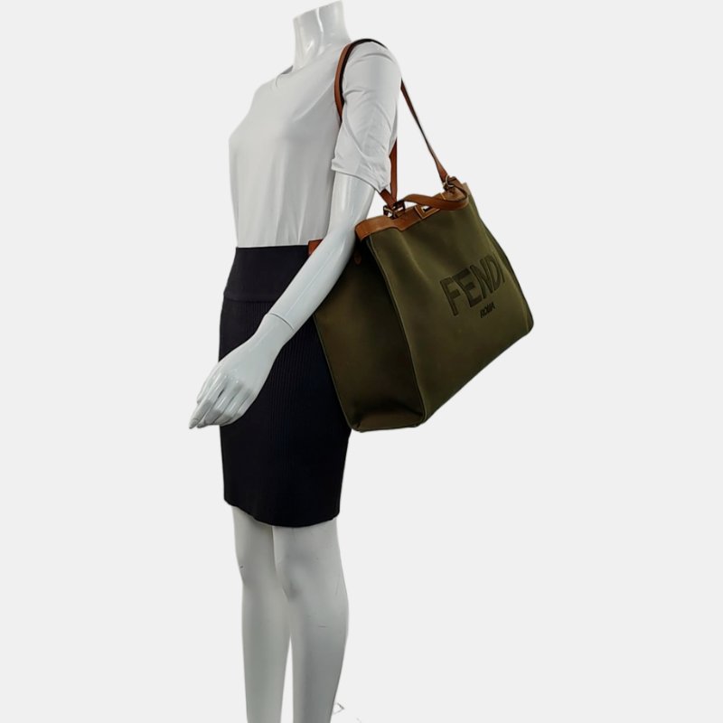 FENDI Peekaboo深綠色帆布提花單肩包 金色五金-1