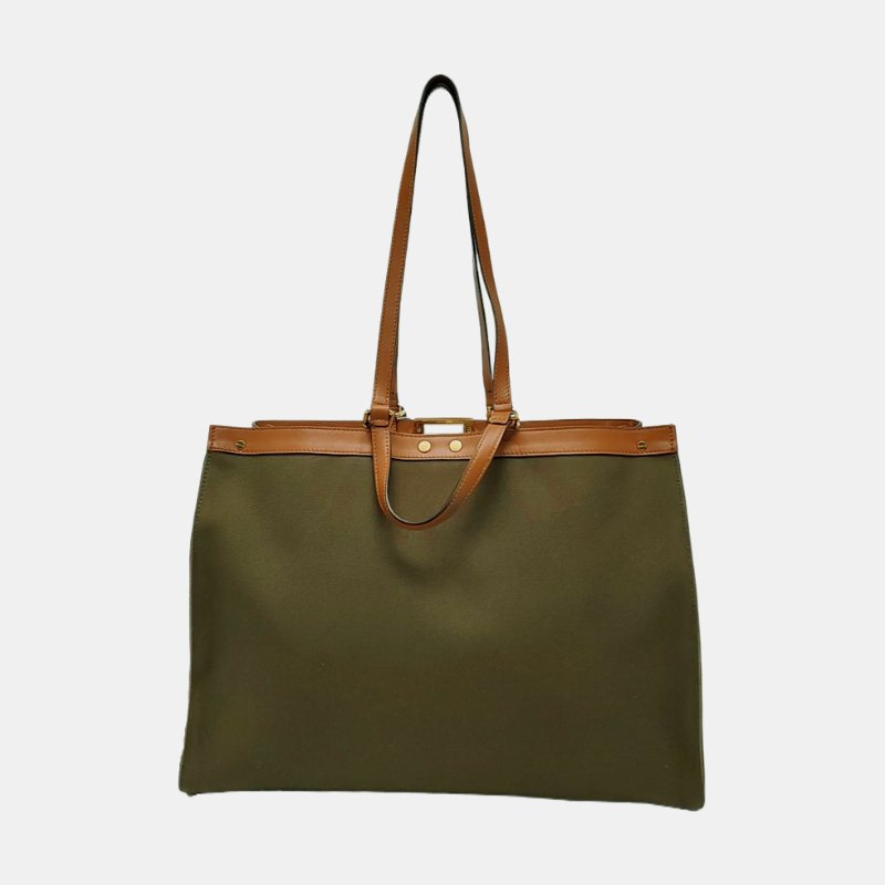 FENDI Peekaboo深綠色帆布提花單肩包 金色五金-4