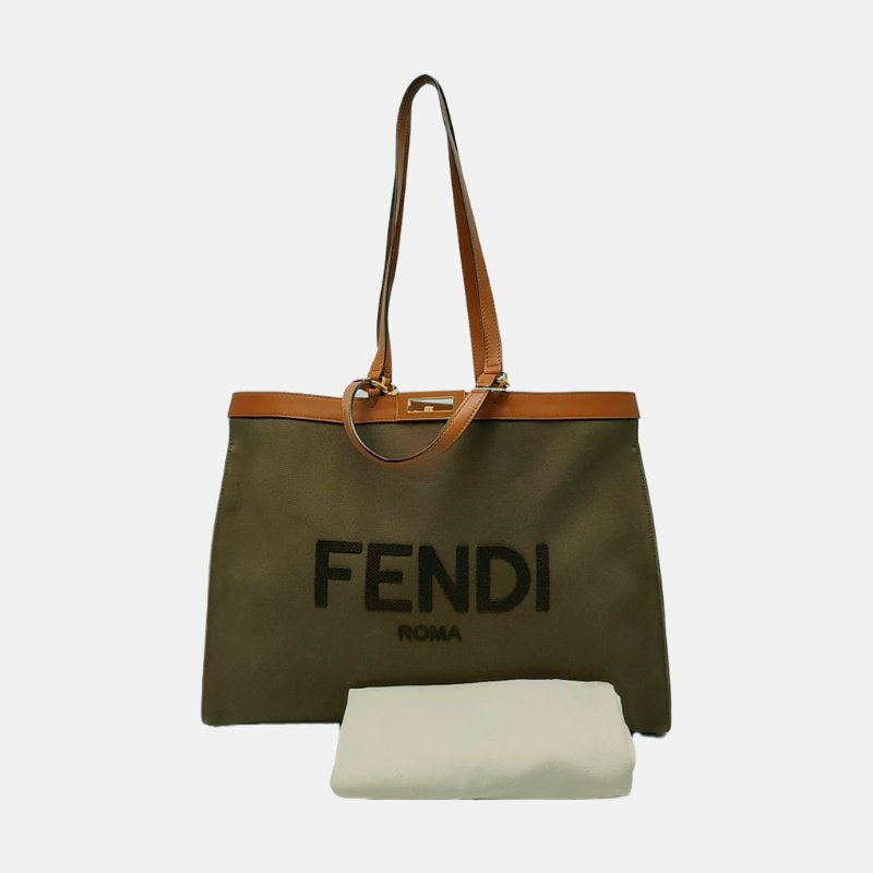 FENDI Peekaboo深綠色帆布提花單肩包 金色五金-7