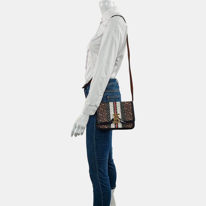 BURBERRY TB 小號棕色塗層帆布TB單肩包 金色五金 可拆卸肩帶-1