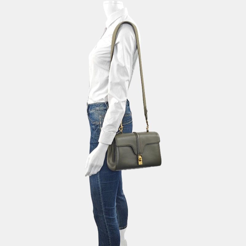 CELINE 16 綠色牛皮單肩包 金色五金 可拆卸肩帶 9.8新-1