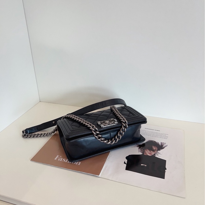 【98新🆕】Chanel 黑銀外縫線菱格 Leboy 中號 牛皮 單肩包 斜挎包-5