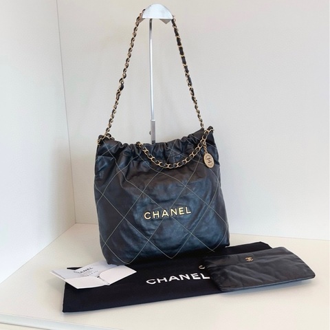 【99新🆕】Chanel 黑金金幣外縫菱格22Bag 芯片款小號垃圾袋 單肩袋