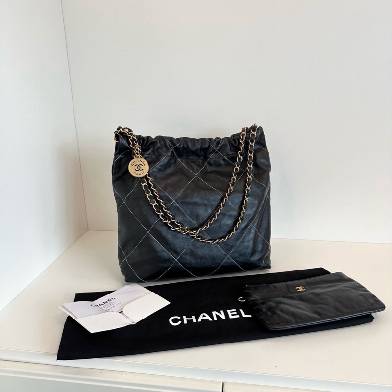 【99新🆕】Chanel 黑金金幣外縫菱格22Bag 芯片款小號垃圾袋 單肩袋-3