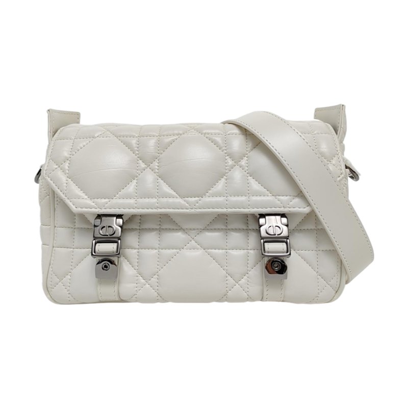 DIOR Diorcamp 小號 奶白色羊皮藤格紋絎縫斜挎包 黑色五金 可拆卸肩帶-0