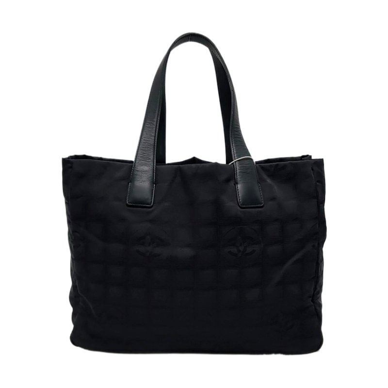 CHANEL TRAVEL LINE黑色尼龍冰格單肩包手提包 金色五金 8開-0