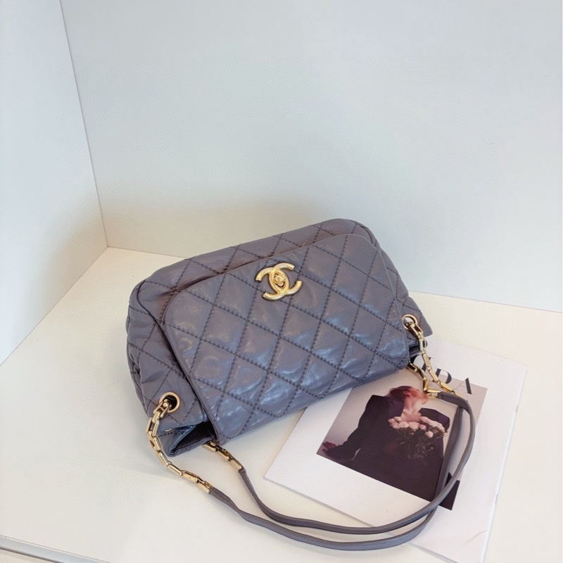 【97新🆕】Chanel 灰金外縫線 牛皮鏈條單肩包-4