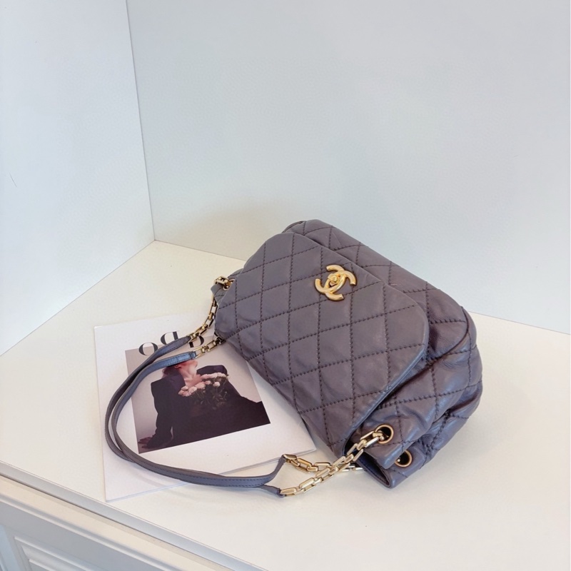 【97新🆕】Chanel 灰金外縫線 牛皮鏈條單肩包-5