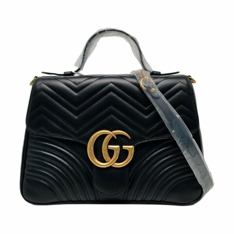 GUCCI GG Marmont 中號 黑色牛皮絎縫波浪紋單肩包斜挎包手提包 金色五金 可拆卸肩帶 9.8新