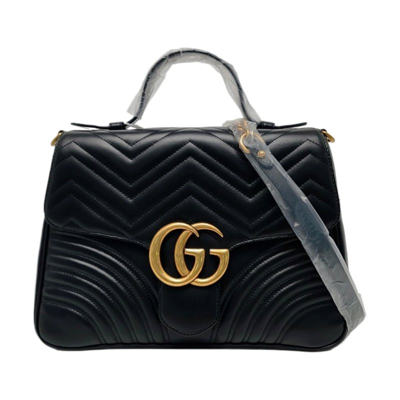 GUCCI GG Marmont 中號 黑色牛皮絎縫波浪紋單肩包斜挎包手提包 金色五金 可拆卸肩帶 9.8新-0