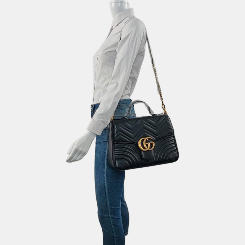 GUCCI GG Marmont 中號 黑色牛皮絎縫波浪紋單肩包斜挎包手提包 金色五金 可拆卸肩帶 9.8新-1