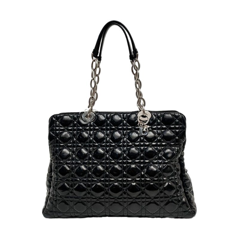 DIOR 托特包黑色漆皮藤格紋絎縫手提包單肩包 銀色五金-0