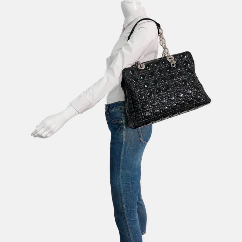 DIOR 托特包黑色漆皮藤格紋絎縫手提包單肩包 銀色五金-1