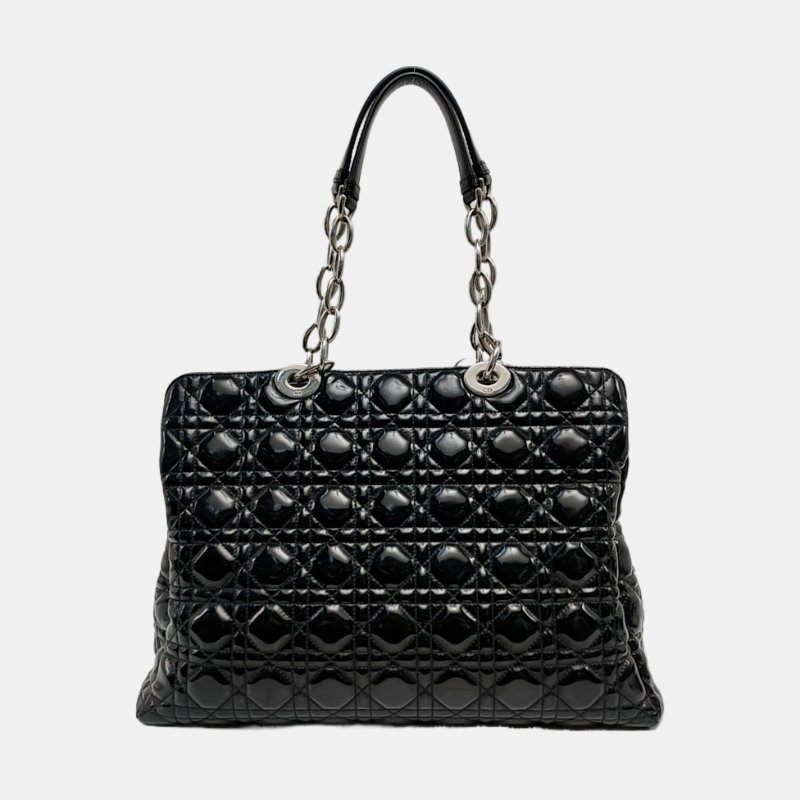 DIOR 托特包黑色漆皮藤格紋絎縫手提包單肩包 銀色五金-4