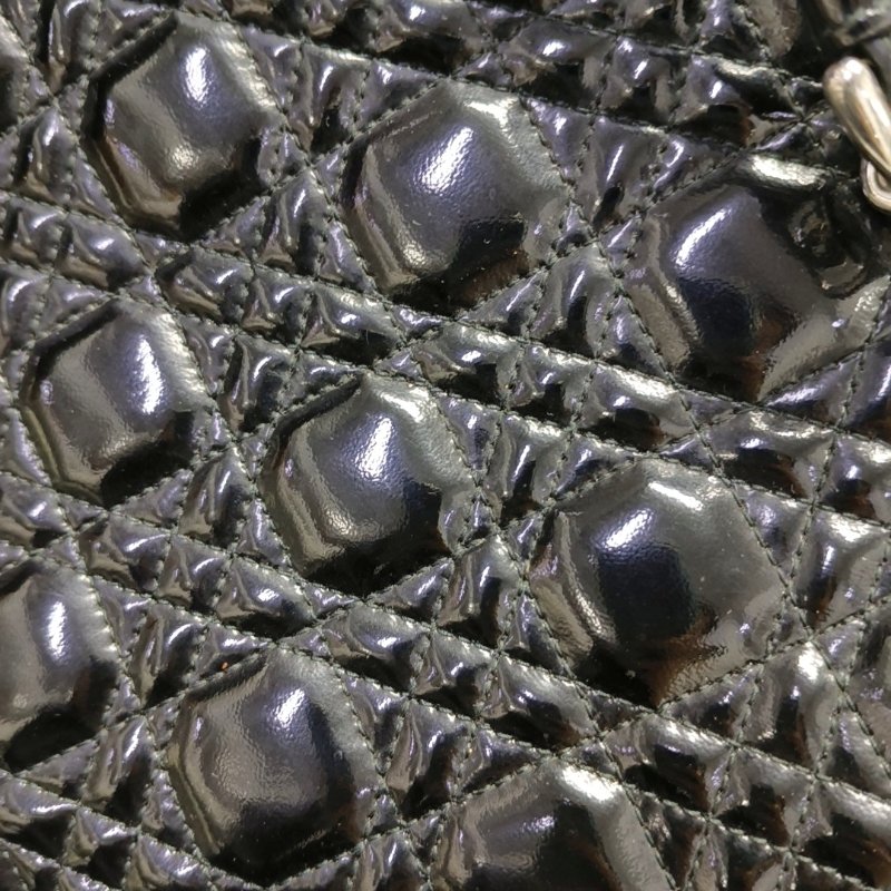 DIOR 托特包黑色漆皮藤格紋絎縫手提包單肩包 銀色五金-7