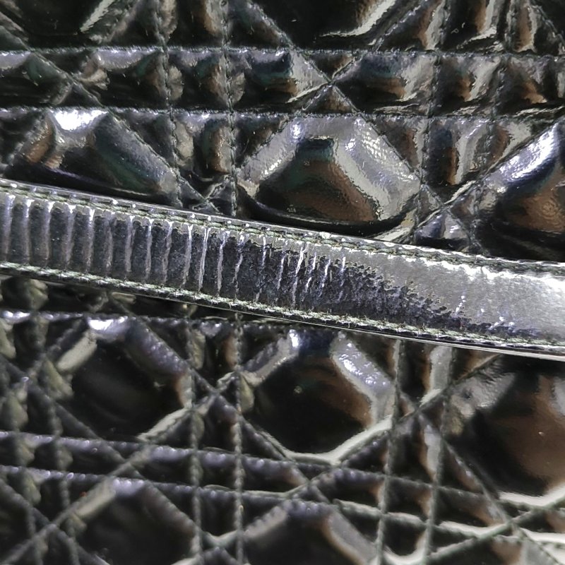 DIOR 托特包黑色漆皮藤格紋絎縫手提包單肩包 銀色五金-9