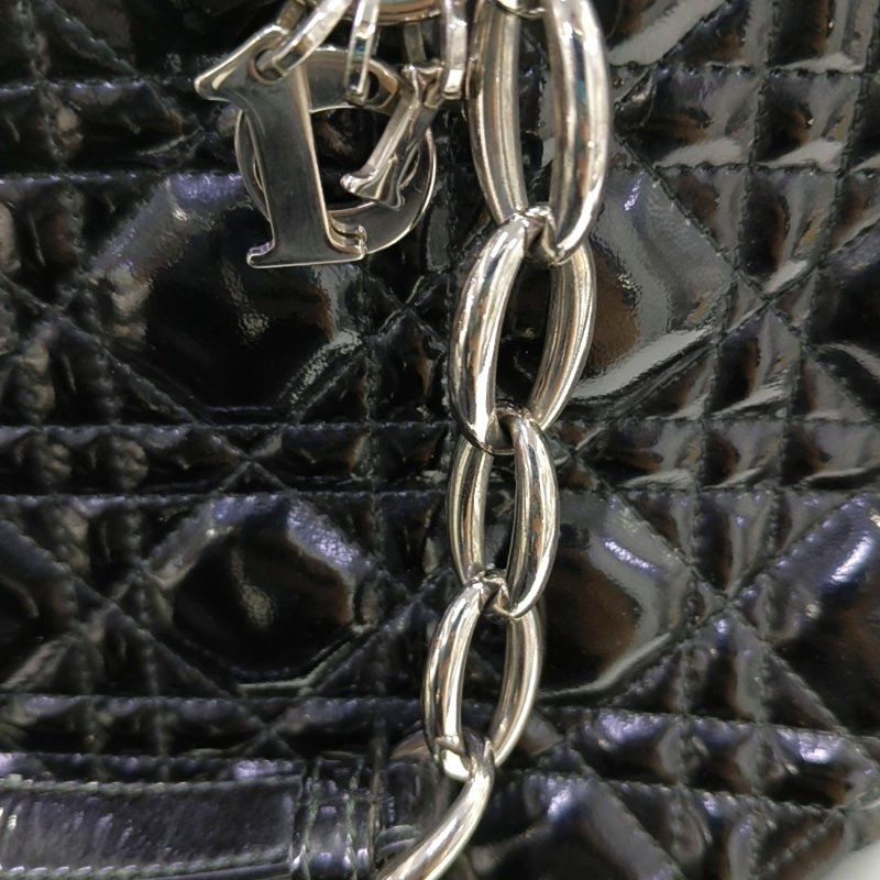 DIOR 托特包黑色漆皮藤格紋絎縫手提包單肩包 銀色五金-10