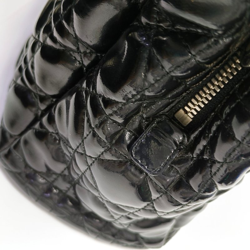 DIOR 托特包黑色漆皮藤格紋絎縫手提包單肩包 銀色五金-11