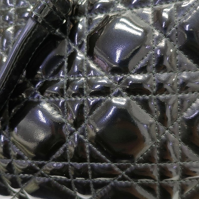 DIOR 托特包黑色漆皮藤格紋絎縫手提包單肩包 銀色五金-12