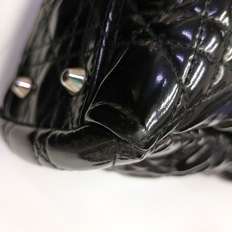 DIOR 托特包黑色漆皮藤格紋絎縫手提包單肩包 銀色五金-13