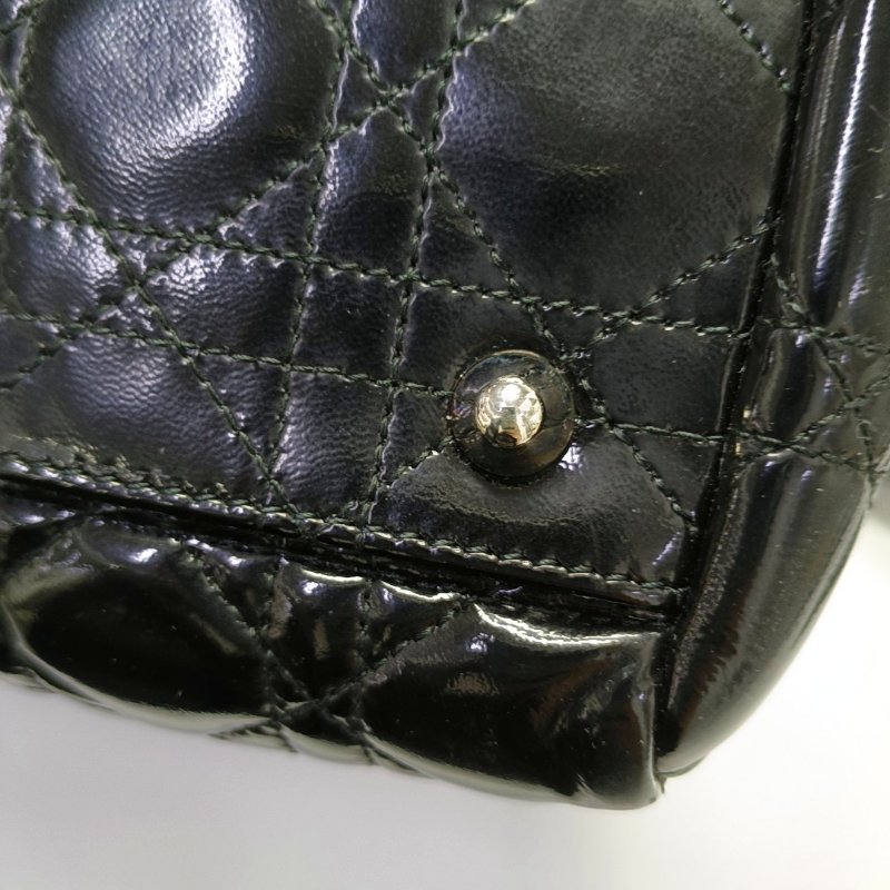 DIOR 托特包黑色漆皮藤格紋絎縫手提包單肩包 銀色五金-14