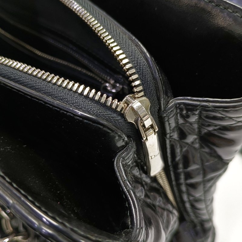 DIOR 托特包黑色漆皮藤格紋絎縫手提包單肩包 銀色五金-17