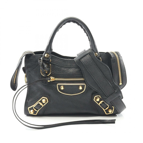 BALENCIAGA 經典金屬邊飾都會單肩手提包 390160 黑色皮革 二手