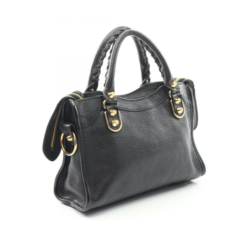 BALENCIAGA 經典金屬邊飾都會單肩手提包 390160 黑色皮革 二手-1