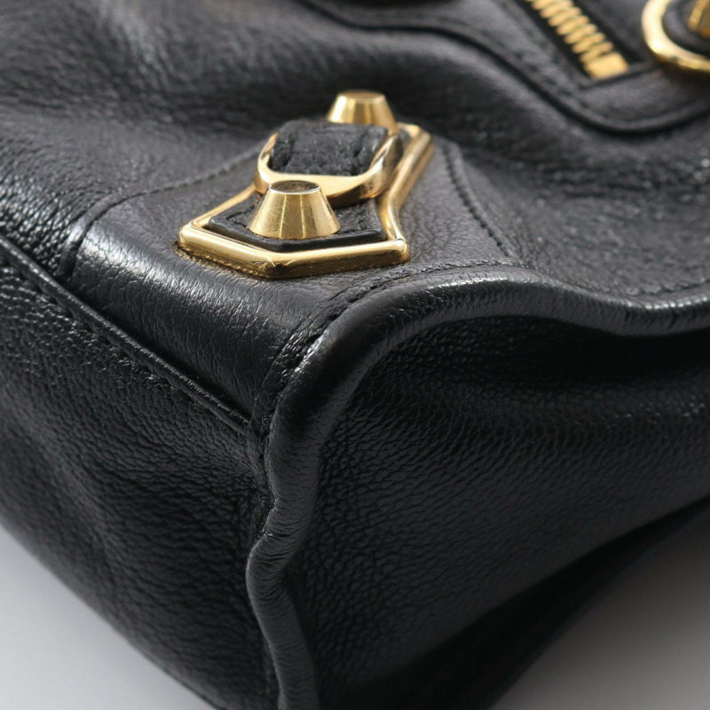 BALENCIAGA 經典金屬邊飾都會單肩手提包 390160 黑色皮革 二手-4