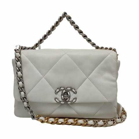 CHANEL CHANEL19小號白色羊皮菱格紋絎縫單肩包手提包斜挎包 金色銀色釕色五金