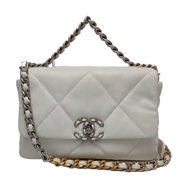 CHANEL CHANEL19小號白色羊皮菱格紋絎縫單肩包手提包斜挎包 金色銀色釕色五金-0
