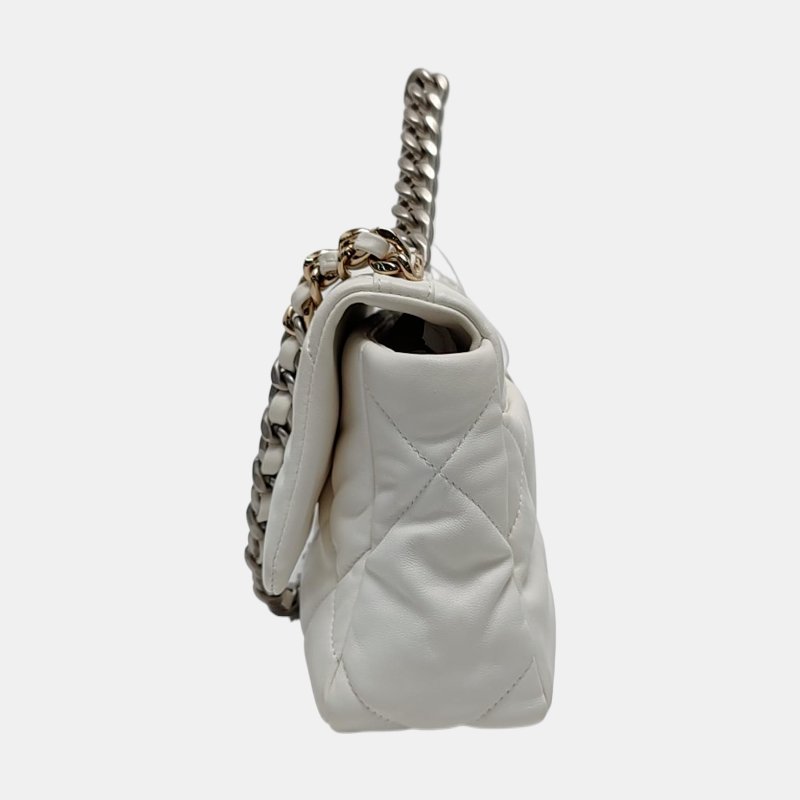 CHANEL CHANEL19小號白色羊皮菱格紋絎縫單肩包手提包斜挎包 金色銀色釕色五金-2